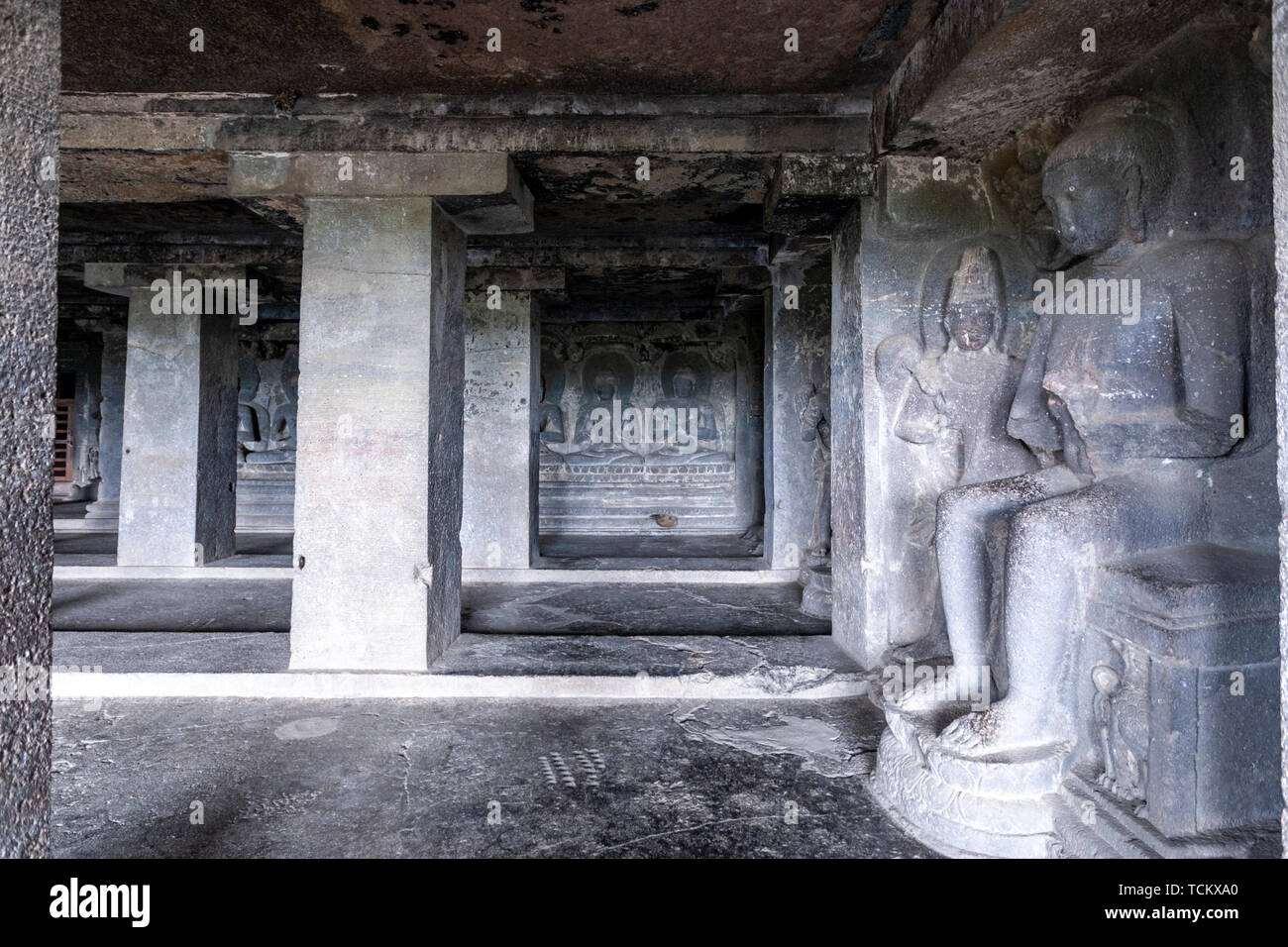 Cave 12, three-storied Mahayana monastery caves with idols, Ellora Caves,  rock-cut monastery-temple cave, India Stock Photo