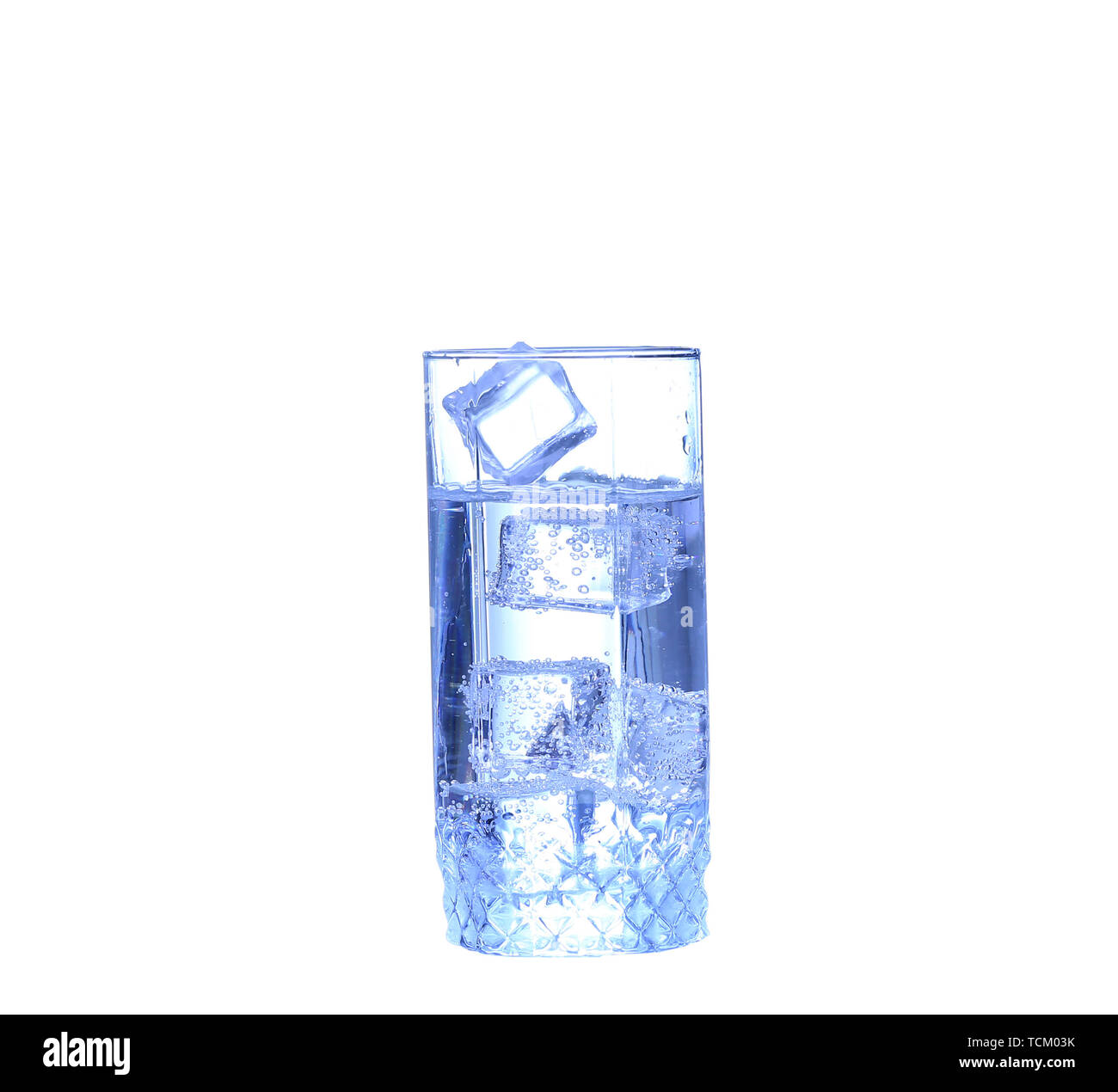 Glass of water, ice and slice of fresh lemon on a white background ...