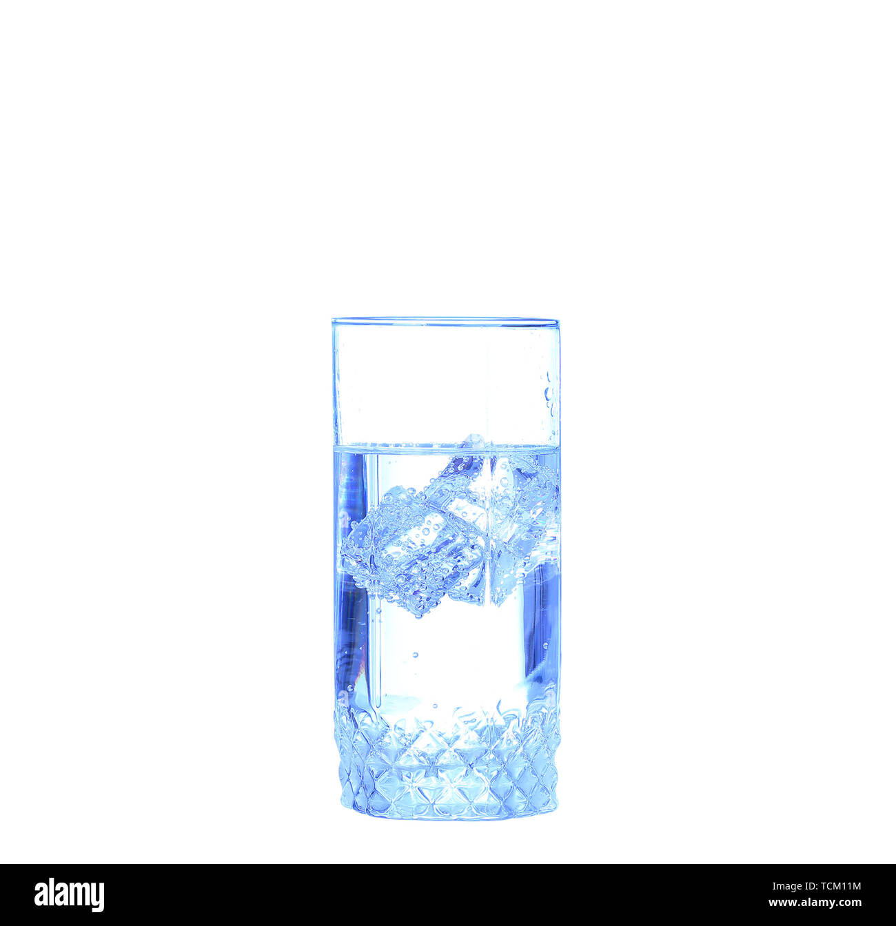 Glass of water, ice and slice of fresh lemon on a white background ...
