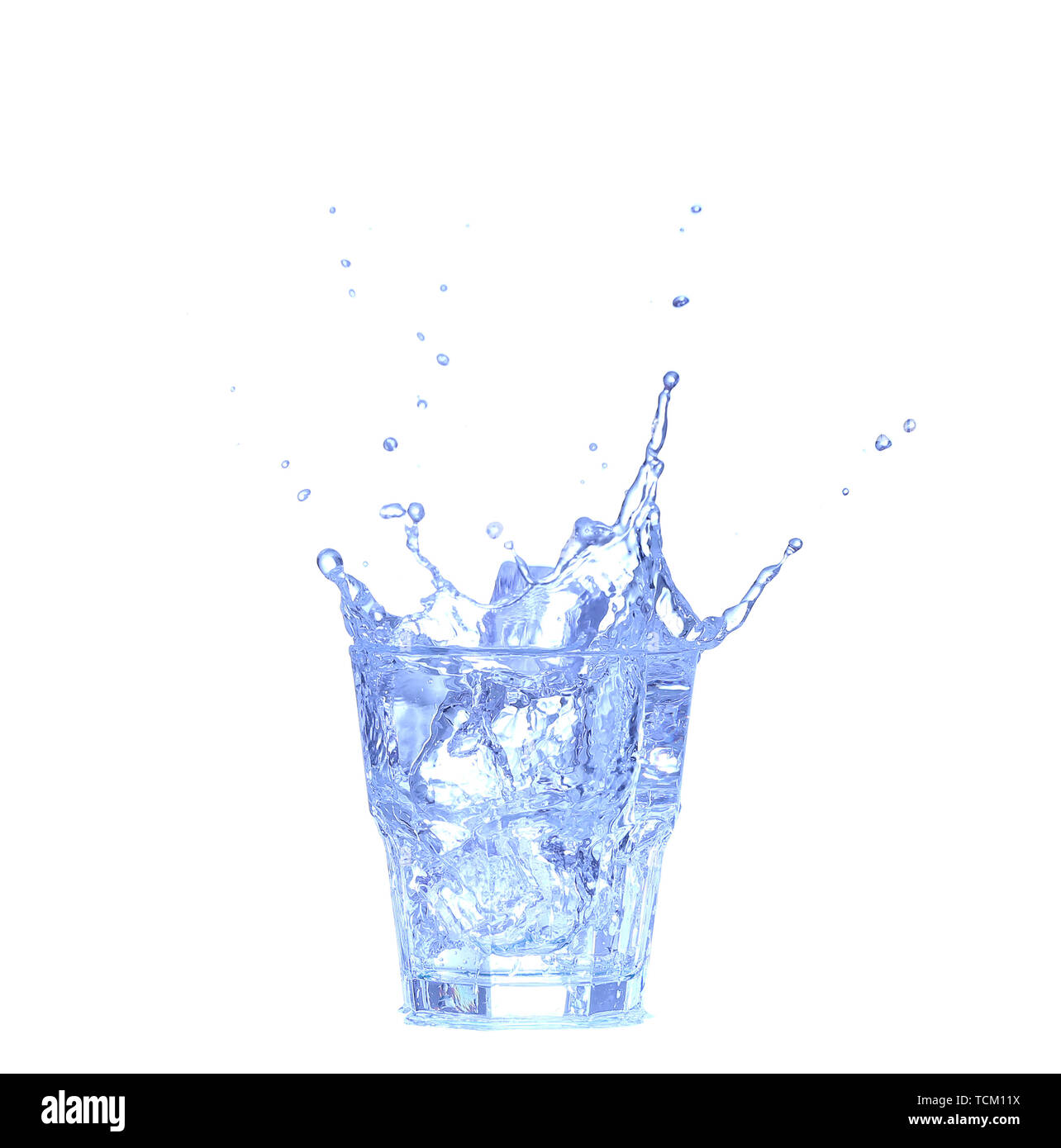 Glass of water, ice and slice of fresh lemon on a white background ...