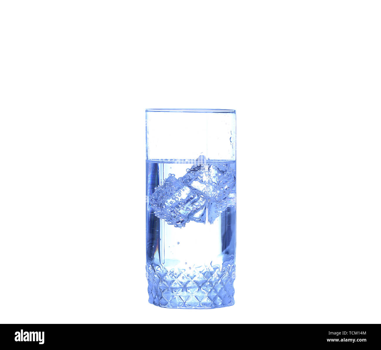 Glass of water, ice and slice of fresh lemon on a white background ...
