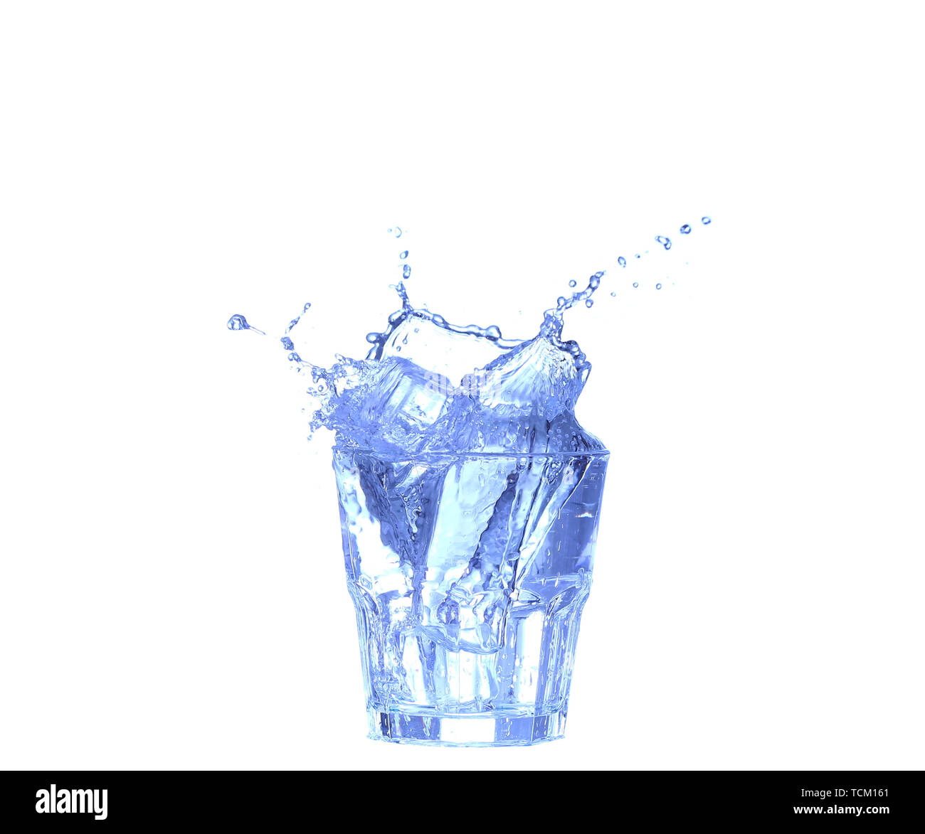 Glass of water, ice and slice of fresh lemon on a white background ...