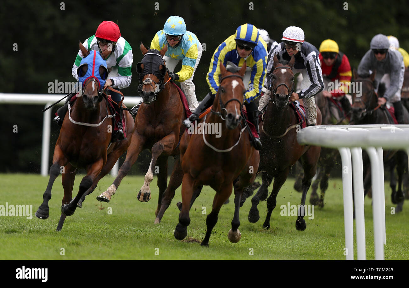 Finoah ridden by Jane Elliott (second left) rounds the back bend prior to winning The Betway Handicap Stakes during Betway Sparkling Saturday at Haydock Park Racecourse, Newton-Le-Willows. Stock Photo