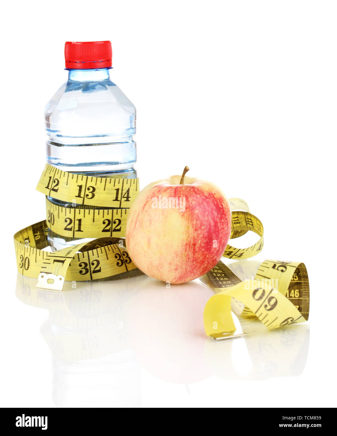 https://c8.alamy.com/comp/TCM859/bottle-of-water-apple-and-measuring-tape-isolated-on-white-TCM859.jpg