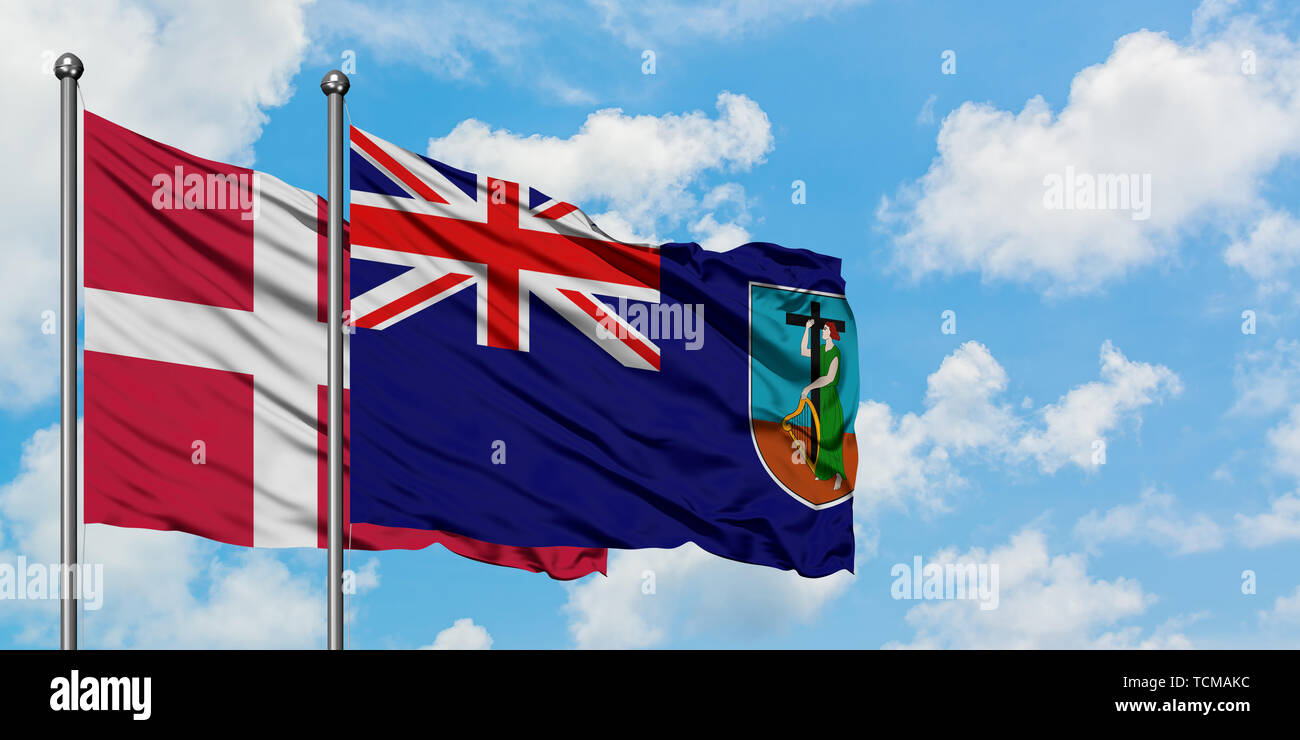 Denmark and Montserrat flag waving in the wind against white cloudy blue sky together. Diplomacy concept, international relations. Stock Photo