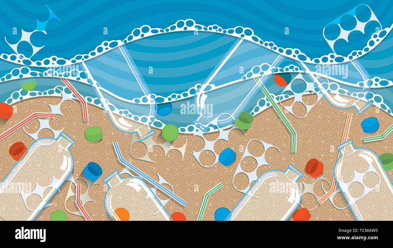 Close up view of waves on the beach throwing plastic debris on the beach contaminated with bottles, bottle tops and plastic straws. Vector image Stock Vector