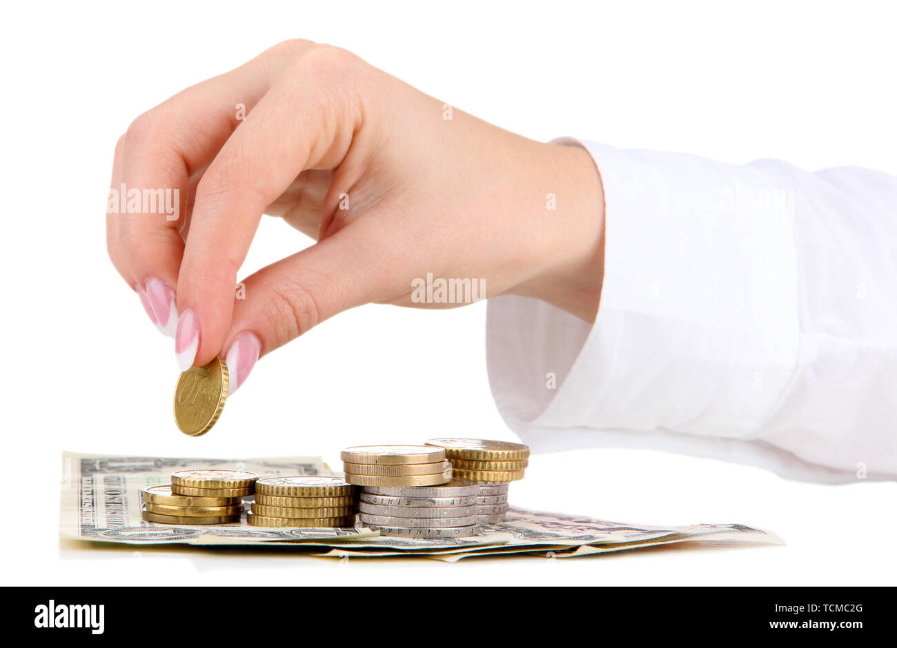 Woman hand with money, isolated on white Stock Photo - Alamy