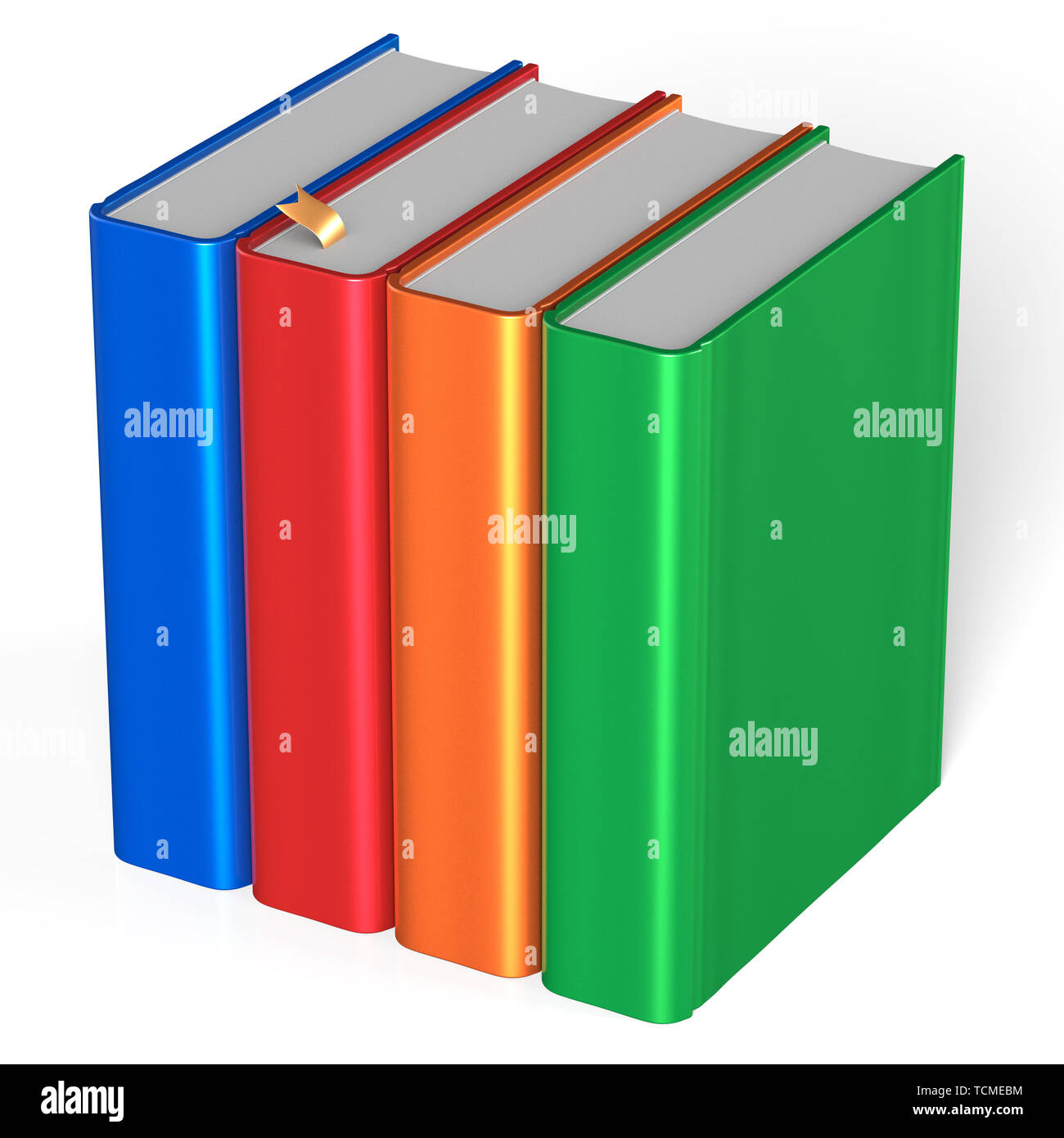 Four blank books educational textbooks bookshelf bookcase row standing ...