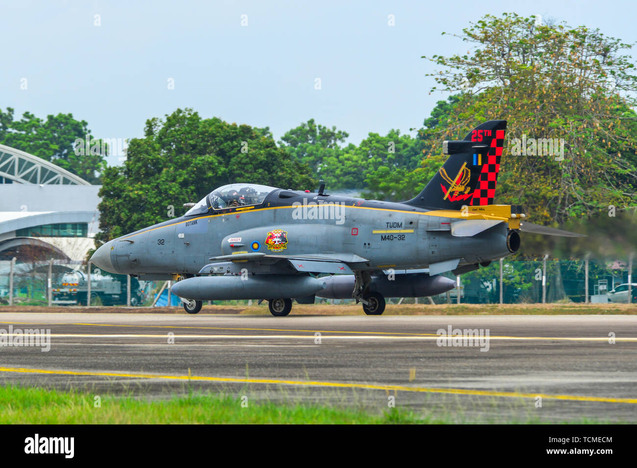 Langkawi, Malaysia - Mar 31, 2019. British Aerospace Hawk 200 of Royal Malaysian Air Force (TUDM M40-32) taxiing on runway of Langkawi Airport (LGK). Stock Photo