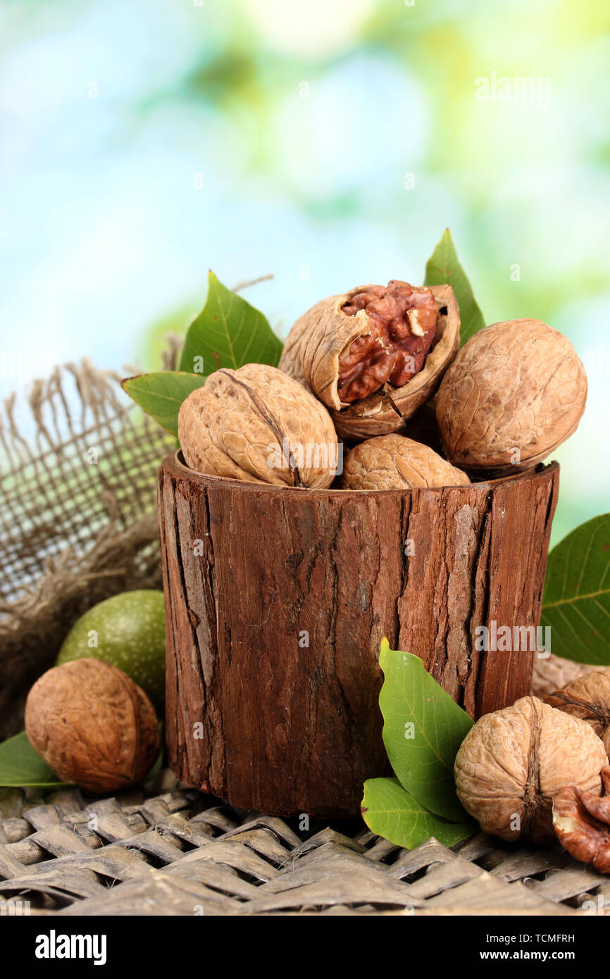 walnuts with green leaves in garden, on green background Stock Photo