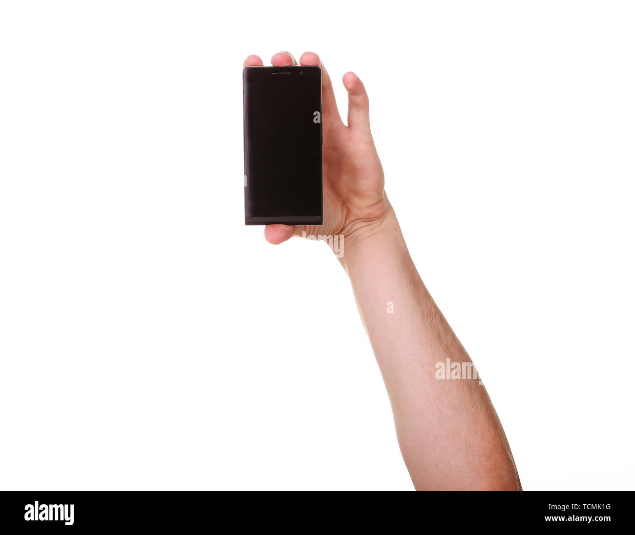 Mobile phone in male hand isolated on white background Stock Photo - Alamy
