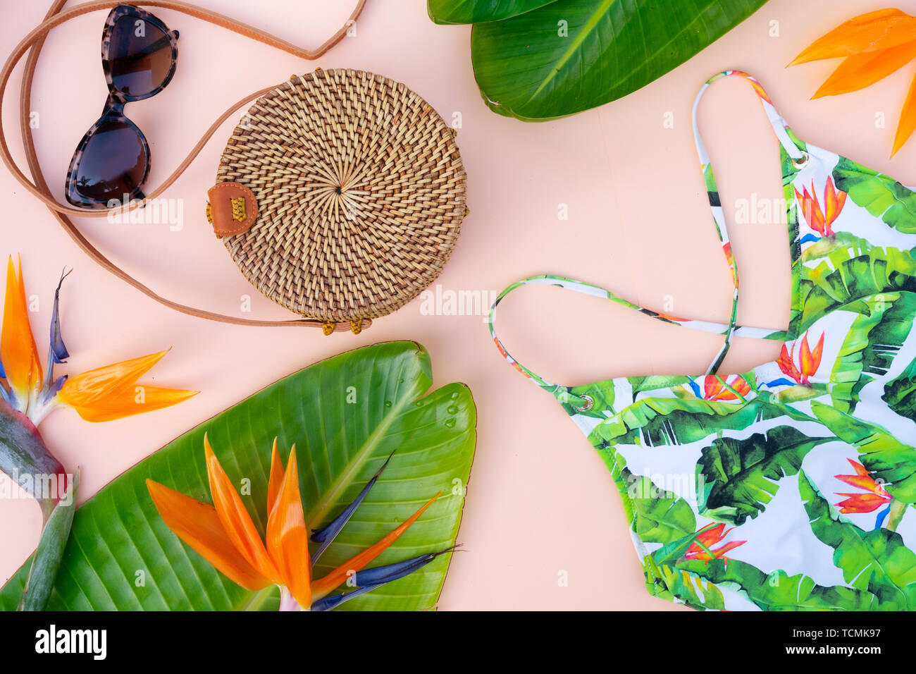 Summer flat lay scenery with swimsuit Stock Photo Alamy