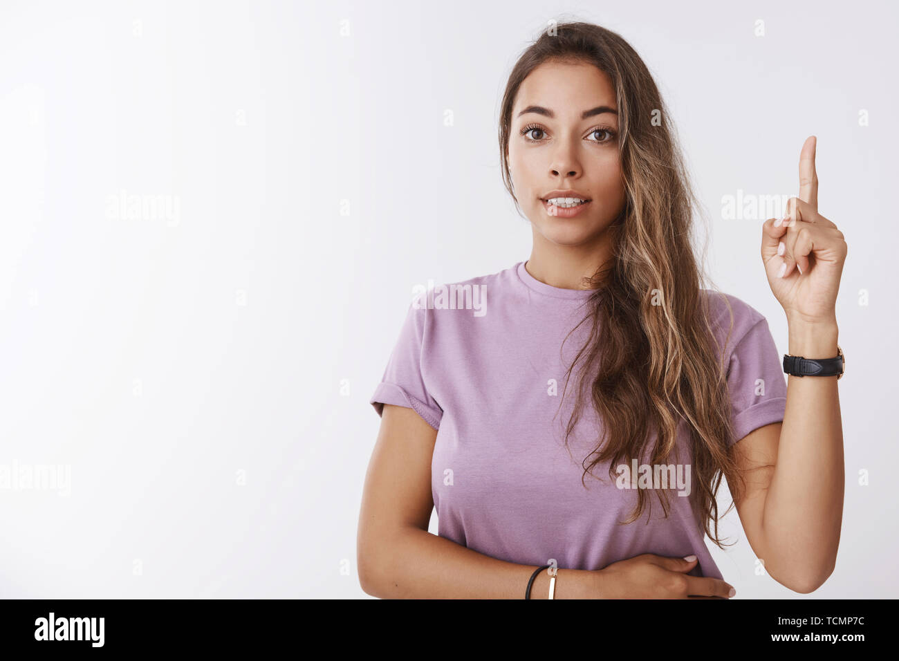 Girl has idea. Creative attractive female trainee proposing plan