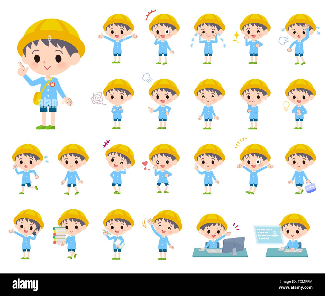 A set of Nursery school boy with who express various emotions.There are actions related to workplaces and personal computers.It's vector art so it's e Stock Vector