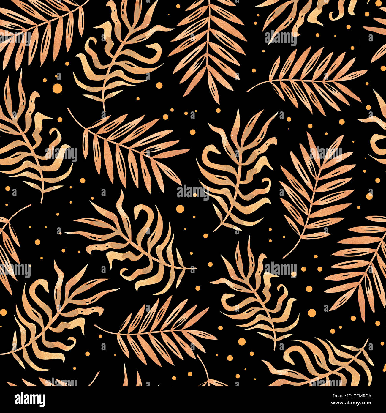 Watercolor tropical leaves seamless pattern. Watercolour and golden ...