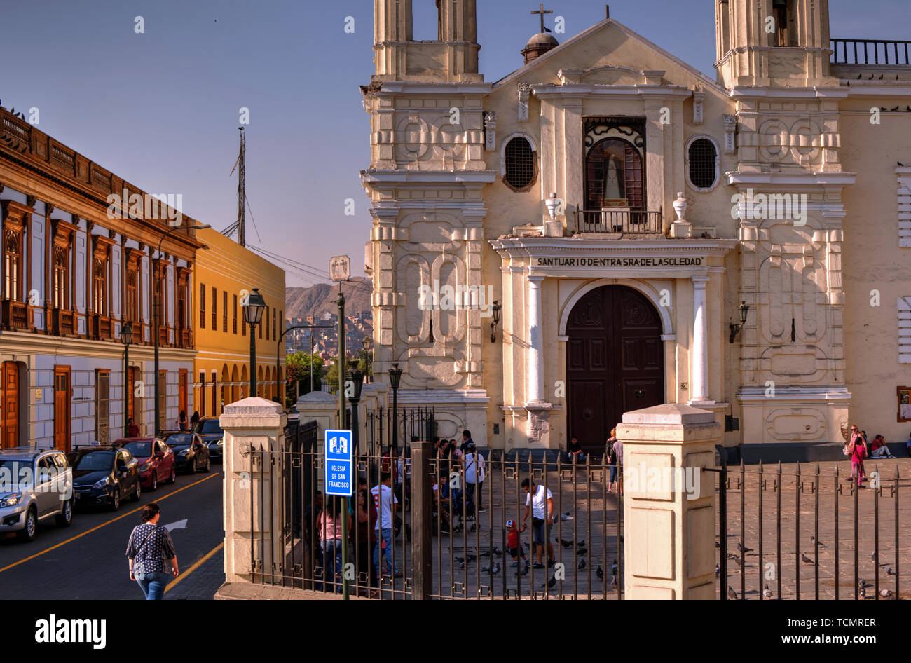 Lima, Peru - April 21, 2018: Sanctuary of Our Lady of Solitude church with locals and tourists outside Stock Photo