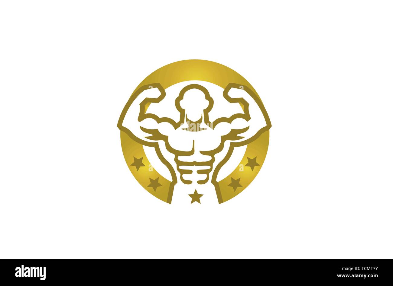 Creative Bodybuilder Golden Circle Stars Logo Design Illustration Stock Vector