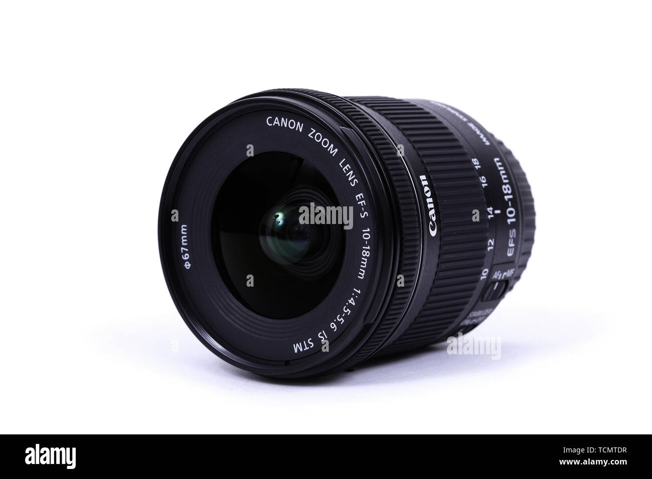 KYIV, UKRAINE - FEBRUARY 28, 2016: Canon 10-18mm f 4.5-5.6 EF-S IS STM Lens. Canon Inc. is a Japanese multinational corporation specialized in the man Stock Photo