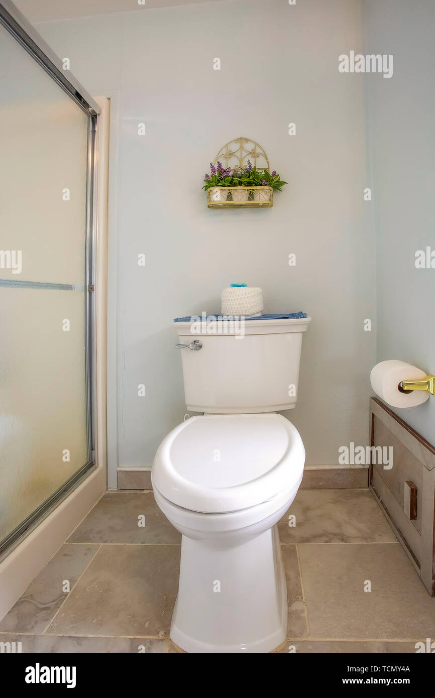 Toilet beside the shower stall inside the bathroom of a home Stock — free download