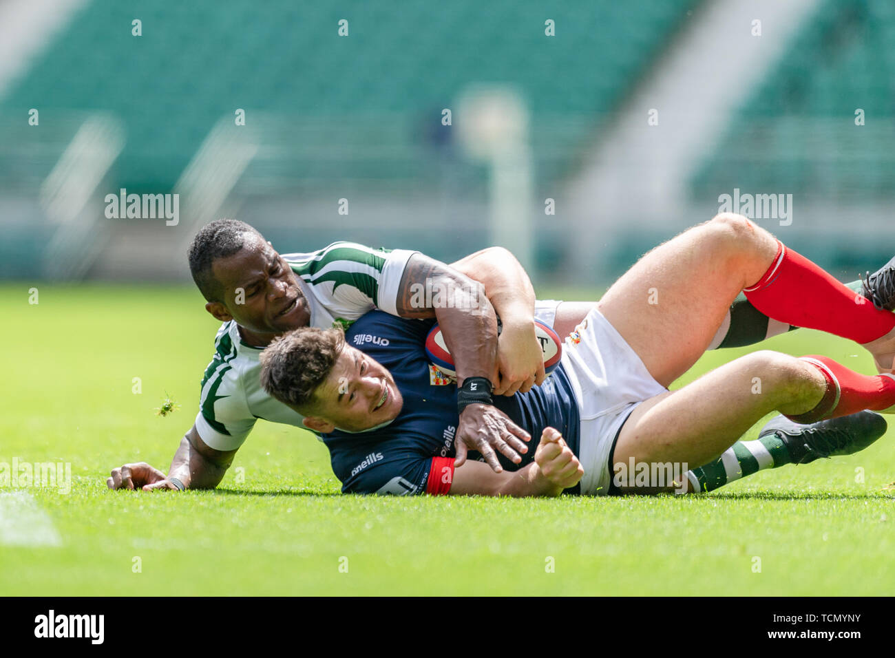 London, UK. 08th, Jun 2019. Mark Ireland of Cumbria is tackled during Bill Beaumont County Championship Division 3 Final match betwee Cumbria vs Dorset & Wilts at Twickenham Stadium on Saturday, 08 June 2019. LONDON England .  (Editorial use only, license required for commercial use. No use in betting, games or a single club/league/player publications.) Credit: Taka G Wu/Alamy Live News Stock Photo