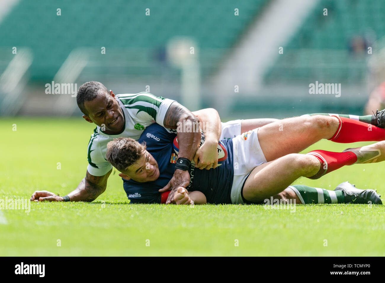 London, UK. 08th, Jun 2019. Mark Ireland of Cumbria is tackled during Bill Beaumont County Championship Division 3 Final match betwee Cumbria vs Dorset & Wilts at Twickenham Stadium on Saturday, 08 June 2019. LONDON England .  (Editorial use only, license required for commercial use. No use in betting, games or a single club/league/player publications.) Credit: Taka G Wu/Alamy Live News Stock Photo