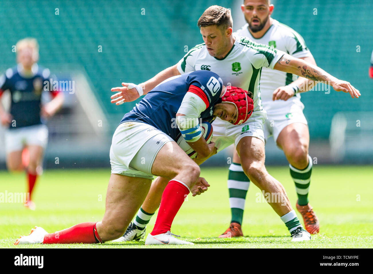 London, UK. 08th, Jun 2019. Peter Weightman of Cumbria is tackled during Bill Beaumont County Championship Division 3 Final match betwee Cumbria vs Dorset & Wilts at Twickenham Stadium on Saturday, 08 June 2019. LONDON England .  (Editorial use only, license required for commercial use. No use in betting, games or a single club/league/player publications.) Credit: Taka G Wu/Alamy Live News Stock Photo