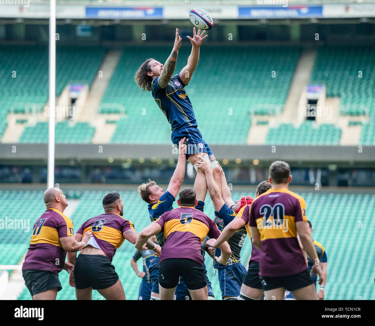 London, UK. 08th, Jun 2019. Surry’s Dylan Flashman (Capt.) in action during Bill Beaumont County Championship Division 2 Final: Surrey v Leicestershire at Twickenham Stadium on Saturday, 08 June 2019. LONDON England .  (Editorial use only, license required for commercial use. No use in betting, games or a single club/league/player publications.) Credit: Taka G Wu/Alamy Live News Stock Photo
