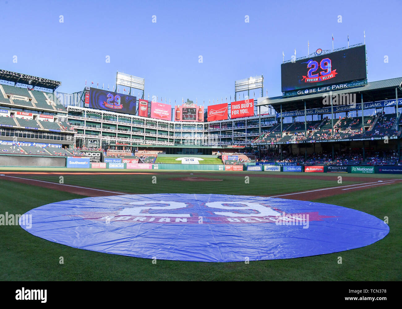 June 08, 2019 Globe Life Park field is decorated for the number