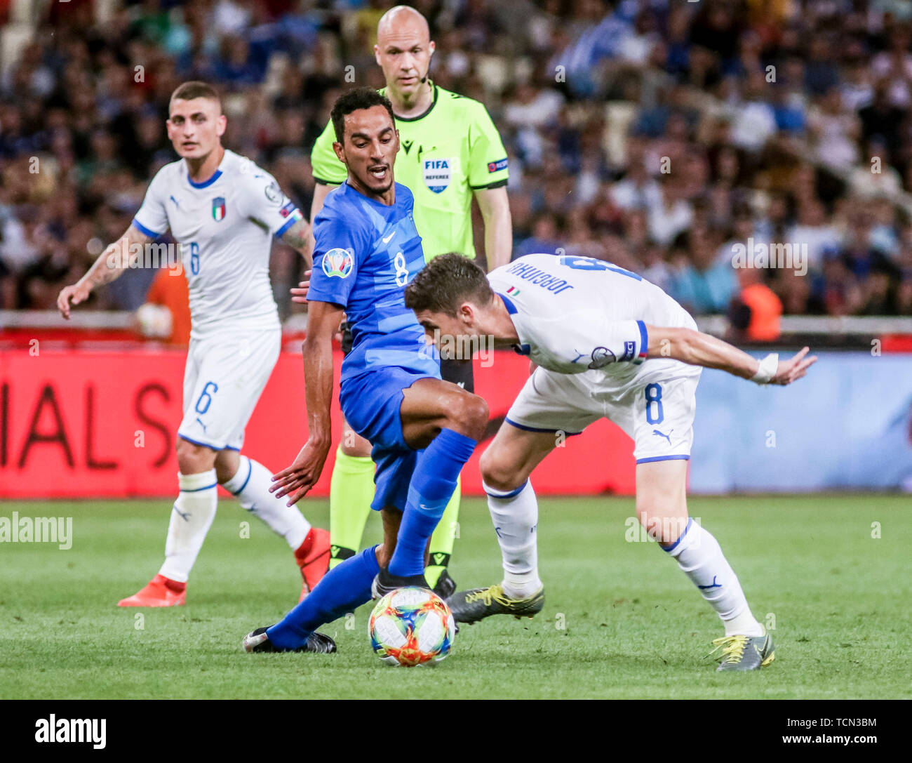 Athens Greece 8th June 19 Greece S Carlos Zeca Front L Vies With Italy S Jorginho Front R The Uefa Euro Group J Qualifier Soccer Match In Athens Greece June 8 19 Credit