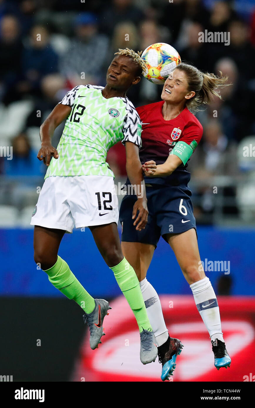 Reims, France. 8th June, 2019. Uchenna Kanu (L) of Nigeria vies with Maren Mjelde of Norway during a Group A match at the 2019 FIFA Women's World Cup in Reims, France, June 8, 2019. Credit: Zheng Huansong/Xinhua/Alamy Live News Stock Photo