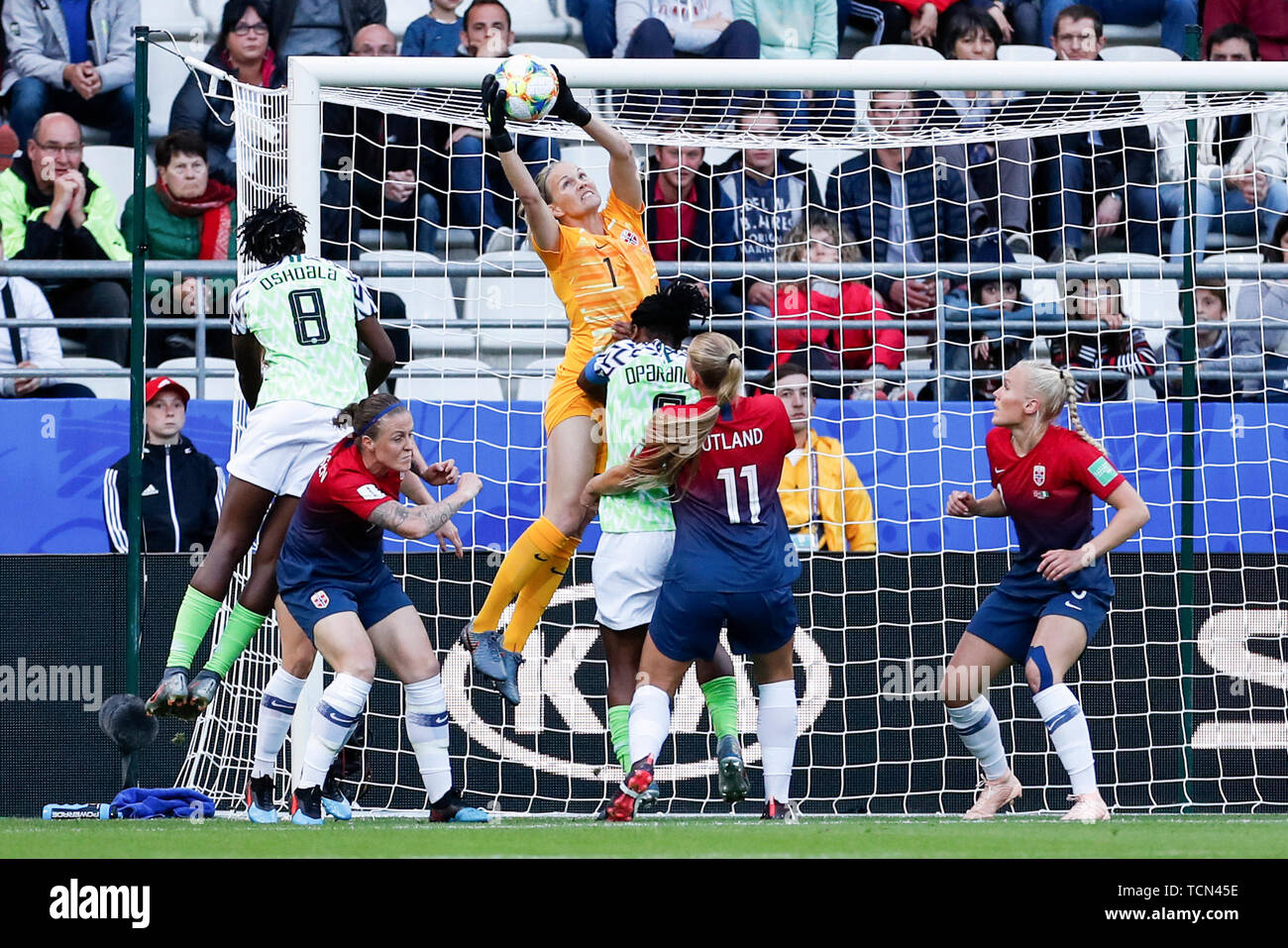 Reims, France. 8th June, 2019. Goalkeeper Ingrid Hjelmseth (Top) of Norway reaches to save the goal during a Group A match between Norway and Nigeria at the 2019 FIFA Women's World Cup in Reims, France, June 8, 2019. Credit: Zheng Huansong/Xinhua/Alamy Live News Stock Photo