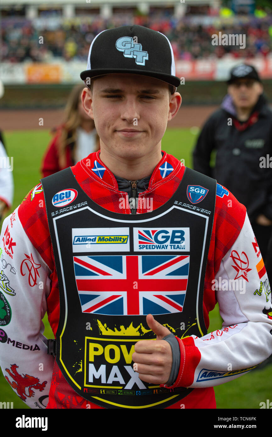 Glasgow, Scotland, UK. 08th June, 2019.  Kyle Bickley - Great Britain (Reserve) during the FIM Speedway Grand Prix World Championship - Qualifying Round 1 at the Peugeot Ashfield Stadium, Glasgow on Saturday 8th June 2019. (Credit: Ian Charles | MI News) Credit: MI News & Sport /Alamy Live News Stock Photo