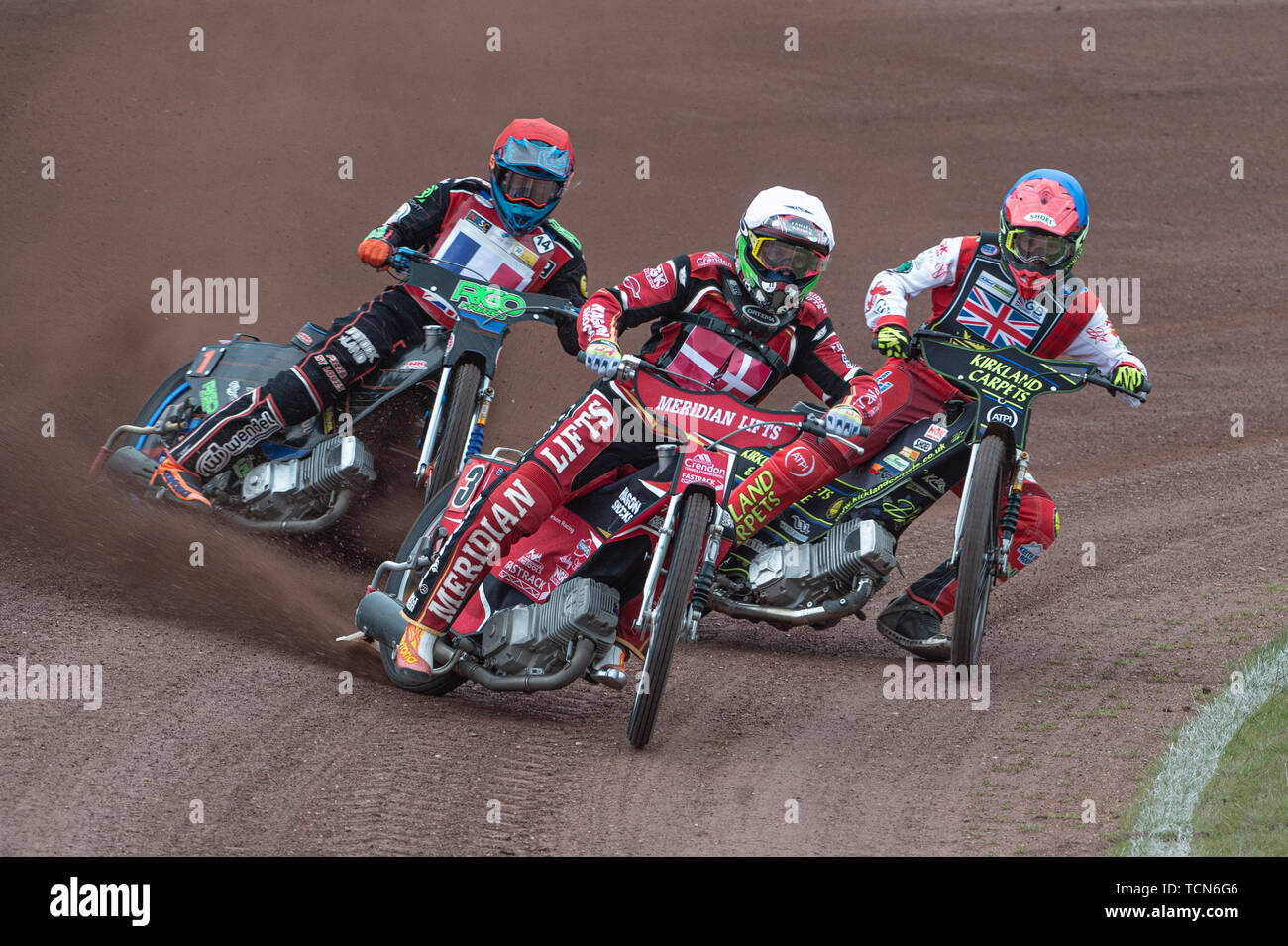 Glasgow, Scotland, UK. 08th June, 2019.  Hans Andersen (White) leads Dimitri Bergé (Red) and Kyle Bickley (Blue) during the FIM Speedway Grand Prix World Championship - Qualifying Round 1 at the Peugeot Ashfield Stadium, Glasgow on Saturday 8th June 2019. (Credit: Ian Charles | MI News) Credit: MI News & Sport /Alamy Live News Stock Photo