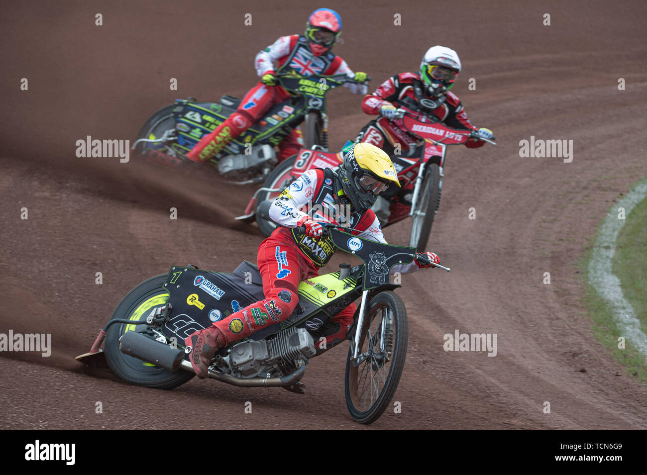 Glasgow, Scotland, UK. 08th June, 2019.  Craig Cook (Yellow) leads Hans Andersen (White) and Kyle Bickley (Blue) during the FIM Speedway Grand Prix World Championship - Qualifying Round 1 at the Peugeot Ashfield Stadium, Glasgow on Saturday 8th June 2019. (Credit: Ian Charles | MI News) Credit: MI News & Sport /Alamy Live News Stock Photo