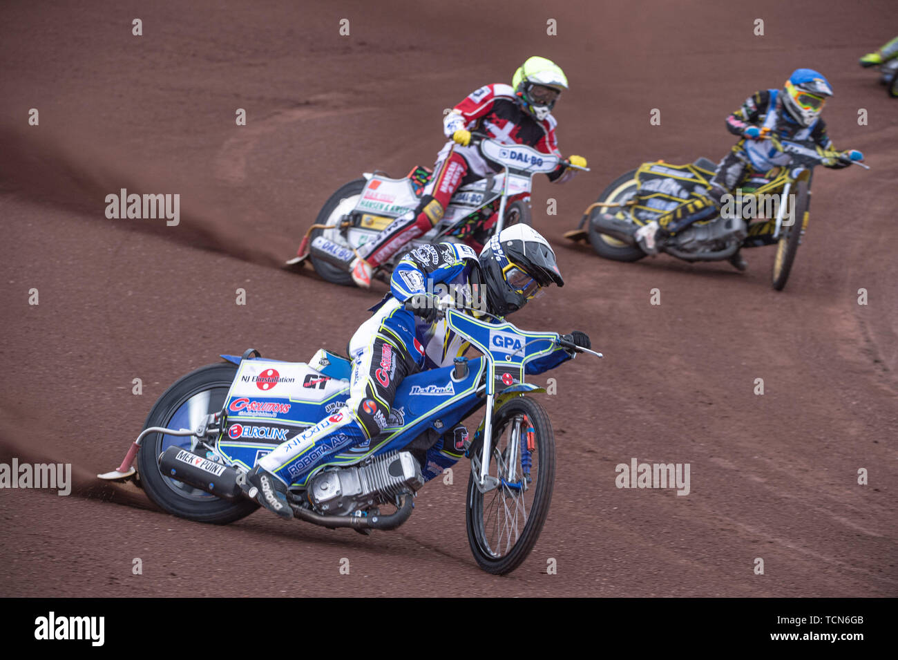 Glasgow, Scotland, UK. 08th June, 2019.  Pontus Aspgren (White) leads Niels-Kristian Iversen (Yellow) and Tero Aarnio (Blue) during the FIM Speedway Grand Prix World Championship - Qualifying Round 1 at the Peugeot Ashfield Stadium, Glasgow on Saturday 8th June 2019. (Credit: Ian Charles | MI News) Credit: MI News & Sport /Alamy Live News Stock Photo