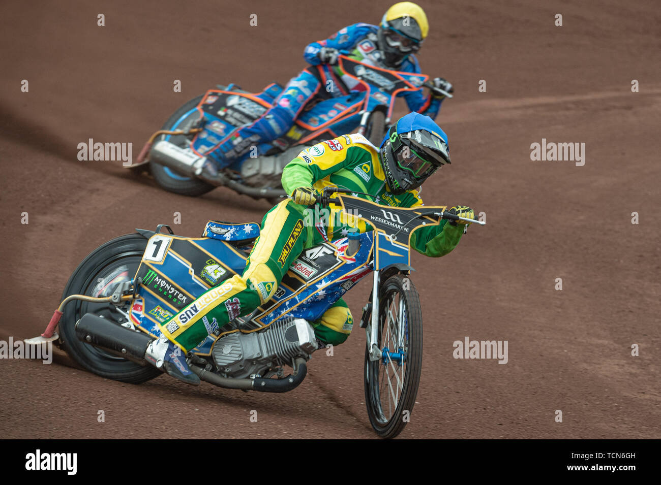 Glasgow, Scotland, UK. 08th June, 2019.  Chris Holder (Blue) leads Nico Covatti (Yellow) during the FIM Speedway Grand Prix World Championship - Qualifying Round 1 at the Peugeot Ashfield Stadium, Glasgow on Saturday 8th June 2019. (Credit: Ian Charles | MI News) Credit: MI News & Sport /Alamy Live News Stock Photo