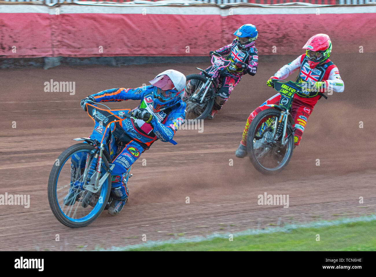 Glasgow, Scotland, UK. 08th June, 2019.  Nico Covatti (White) leads meeting reserves Kyle Bickley (Red) and Leon Flint (Blue) during the FIM Speedway Grand Prix World Championship - Qualifying Round 1 at the Peugeot Ashfield Stadium, Glasgow on Saturday 8th June 2019. (Credit: Ian Charles | MI News) Credit: MI News & Sport /Alamy Live News Stock Photo