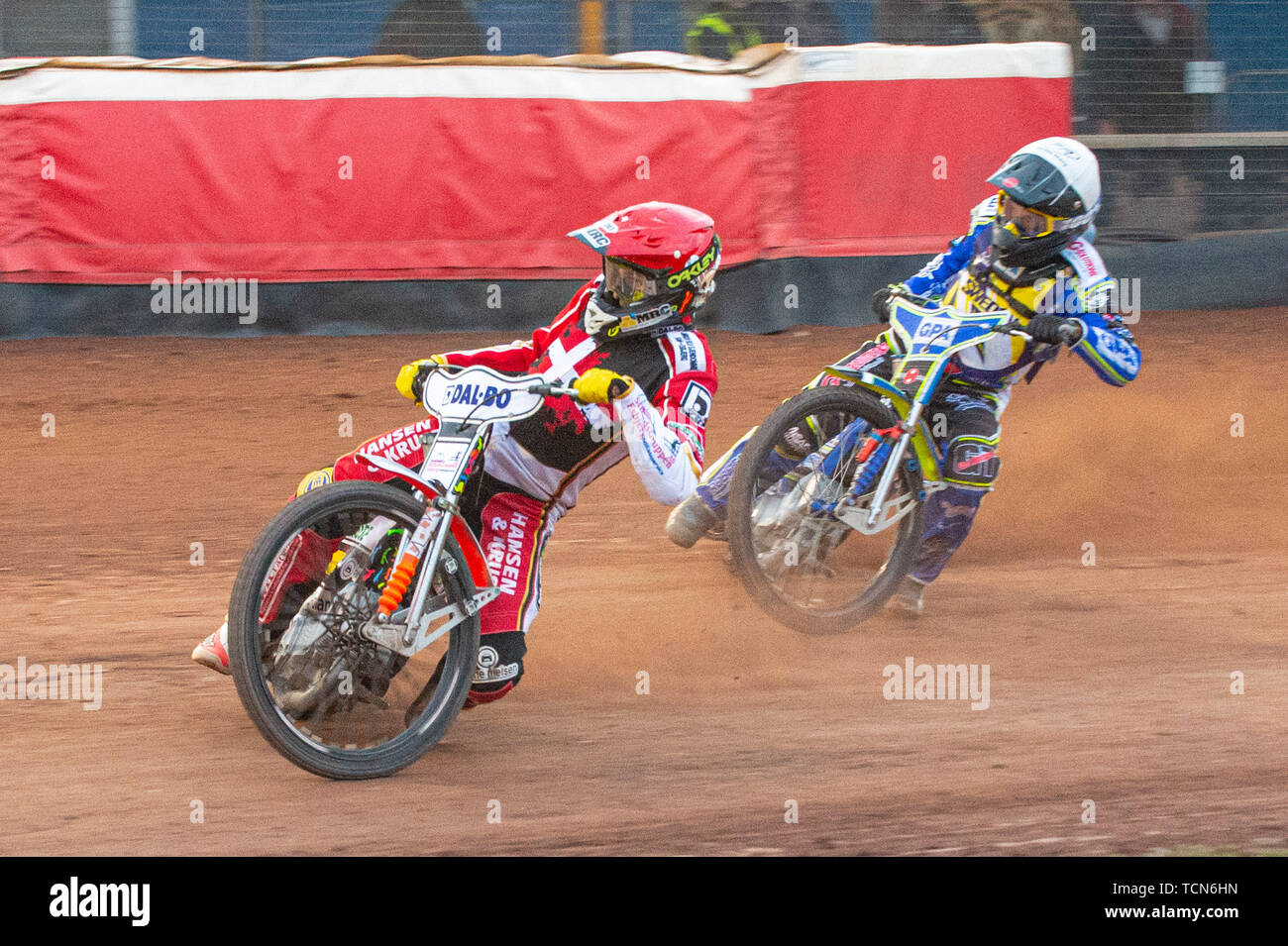 Glasgow, Scotland, UK. 08th June, 2019.  Niels-Kristian Iversen (Red) leads Pontus Aspgren (White) in the run off for 2nd & Third when both riders finished on 13 points during the FIM Speedway Grand Prix World Championship - Qualifying Round 1 at the Peugeot Ashfield Stadium, Glasgow on Saturday 8th June 2019. (Credit: Ian Charles | MI News) Credit: MI News & Sport /Alamy Live News Stock Photo