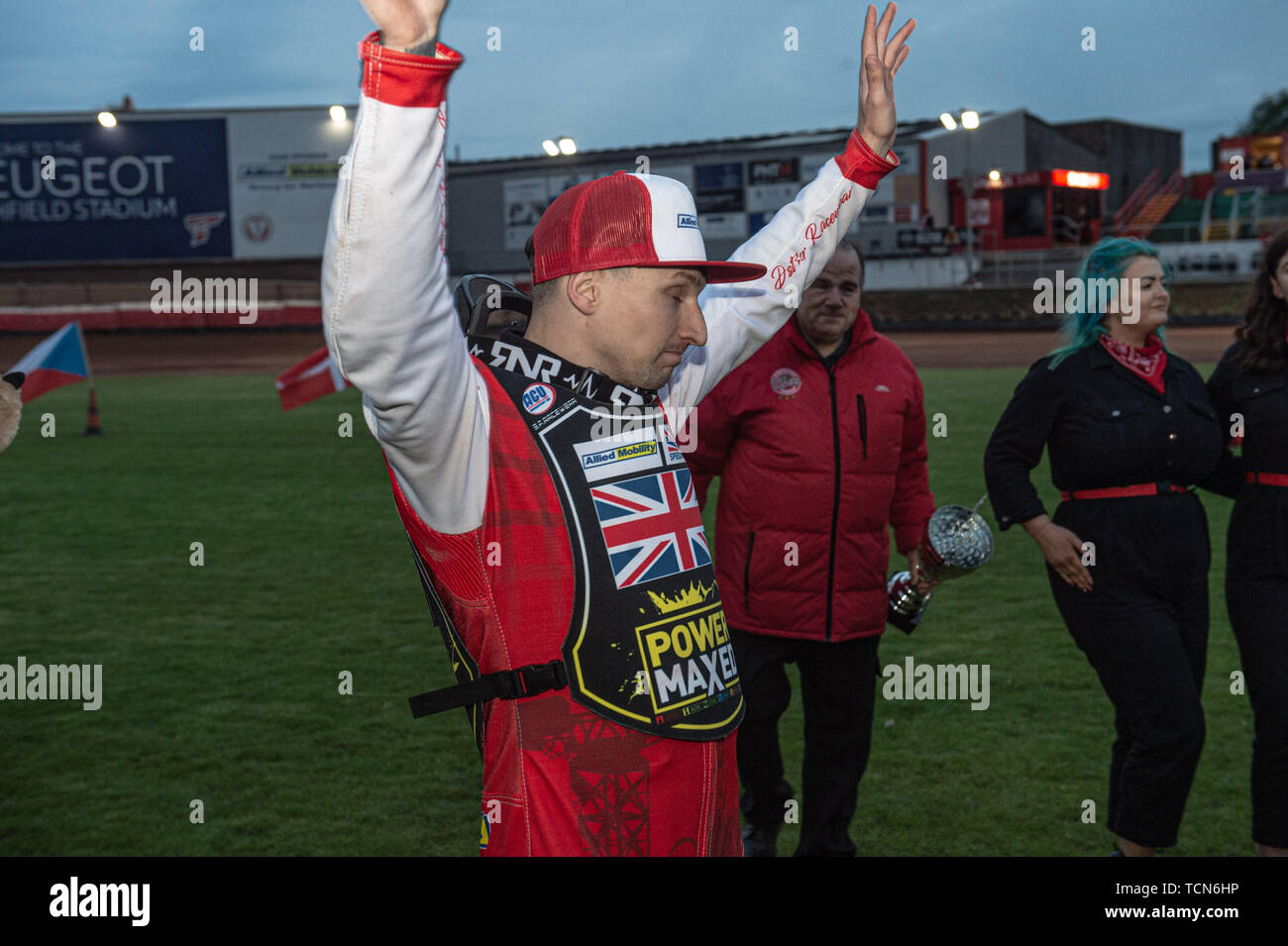 Glasgow, Scotland, UK. 08th June, 2019.  Craig Cook celebrates during the FIM Speedway Grand Prix World Championship - Qualifying Round 1 at the Peugeot Ashfield Stadium, Glasgow on Saturday 8th June 2019. (Credit: Ian Charles | MI News) Credit: MI News & Sport /Alamy Live News Stock Photo