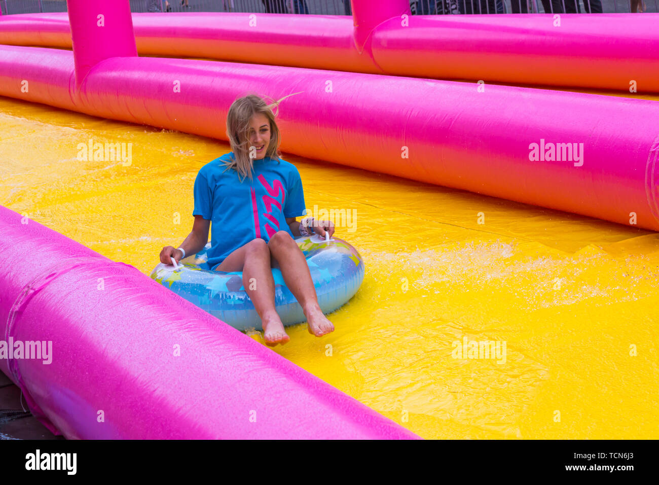Bournemouth, Dorset, UK. 9th June 2019. The giant 120m long waterslide