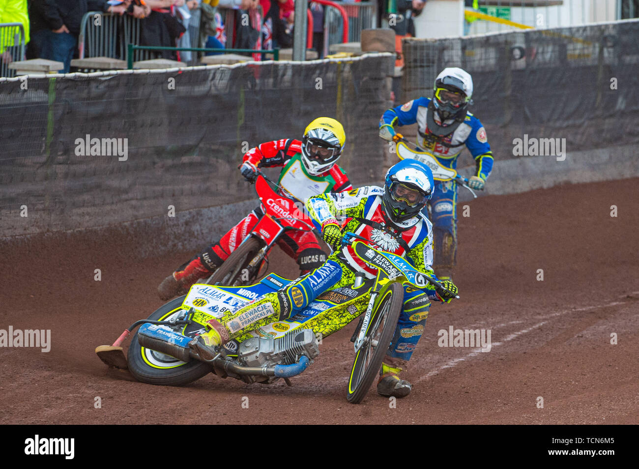 Glasgow, Scotland, UK. 08th June, 2019.  Bartosz Smektała (Blue) leads Rohan Tungate (Yellow) and Ondrej Smetana (White) during the FIM Speedway Grand Prix World Championship - Qualifying Round 1 at the Peugeot Ashfield Stadium, Glasgow on Saturday 8th June 2019. (Credit: Ian Charles | MI News) Credit: MI News & Sport /Alamy Live News Stock Photo