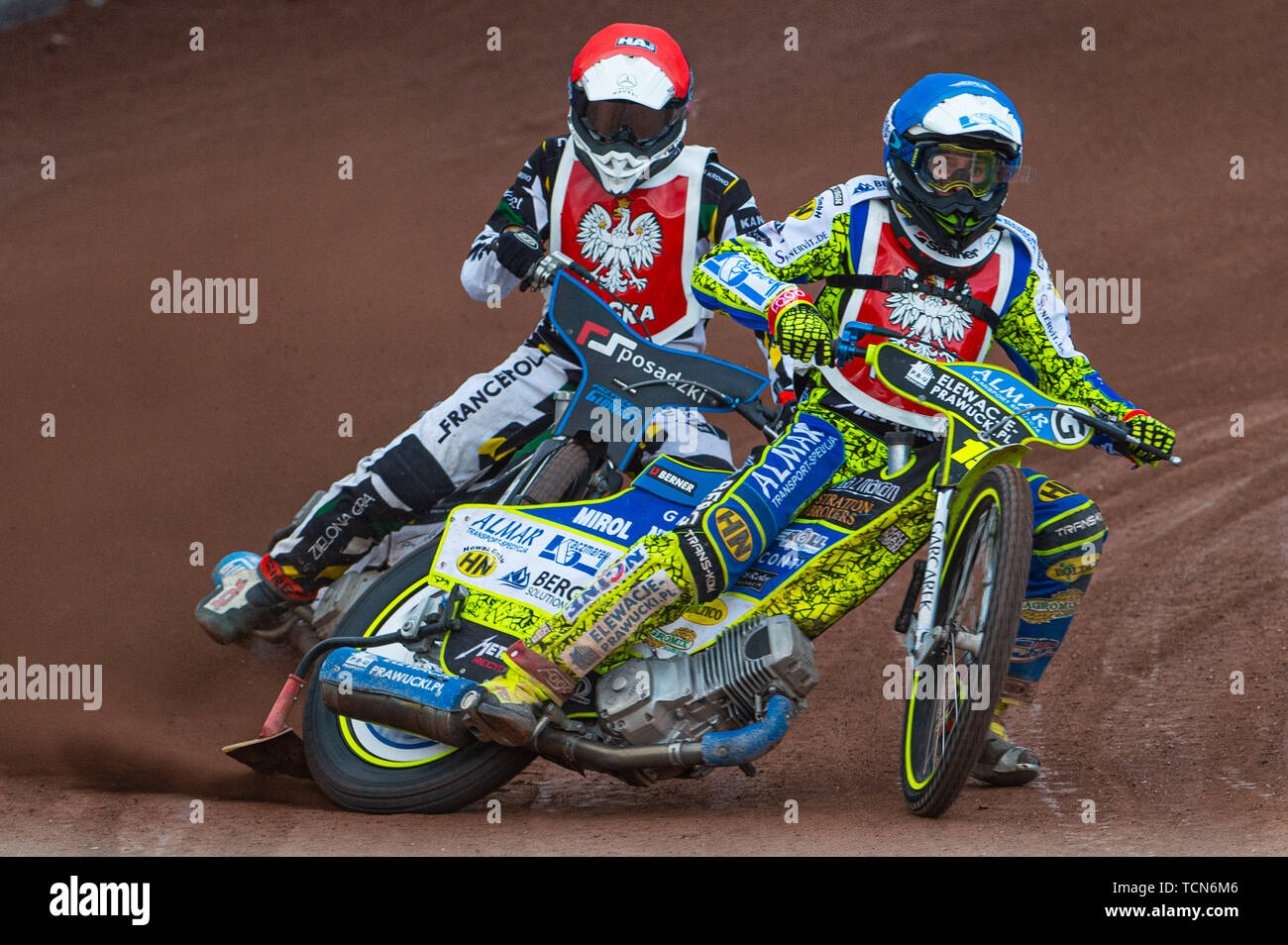 Glasgow, Scotland, UK. 08th June, 2019.  Bartosz Smektała (Blue) leads fellow countryman Sebastian Niedźwiedź (Red0 during the FIM Speedway Grand Prix World Championship - Qualifying Round 1 at the Peugeot Ashfield Stadium, Glasgow on Saturday 8th June 2019. (Credit: Ian Charles | MI News) Credit: MI News & Sport /Alamy Live News Stock Photo