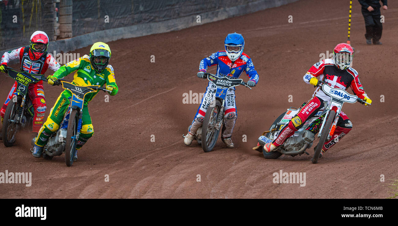 Glasgow, Scotland, UK. 08th June, 2019.  (l-r) Kyle Bickley (White), Chris Holder (Yellow) Broc Nichol (Blue) and Niels-Kristian Iversen (Red) during the FIM Speedway Grand Prix World Championship - Qualifying Round 1 at the Peugeot Ashfield Stadium, Glasgow on Saturday 8th June 2019. (Credit: Ian Charles | MI News) Credit: MI News & Sport /Alamy Live News Stock Photo