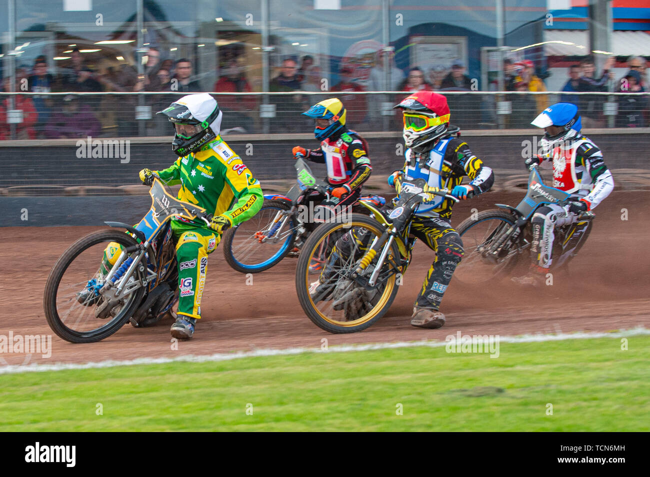 Glasgow, Scotland, UK. 08th June, 2019.  Chris Holder (White) leads Tero Aarnio (Red) Dimitri Bergé (Yellow) and Sebastian Niedźwiedź (Red) during the FIM Speedway Grand Prix World Championship - Qualifying Round 1 at the Peugeot Ashfield Stadium, Glasgow on Saturday 8th June 2019. (Credit: Ian Charles | MI News) Credit: MI News & Sport /Alamy Live News Stock Photo