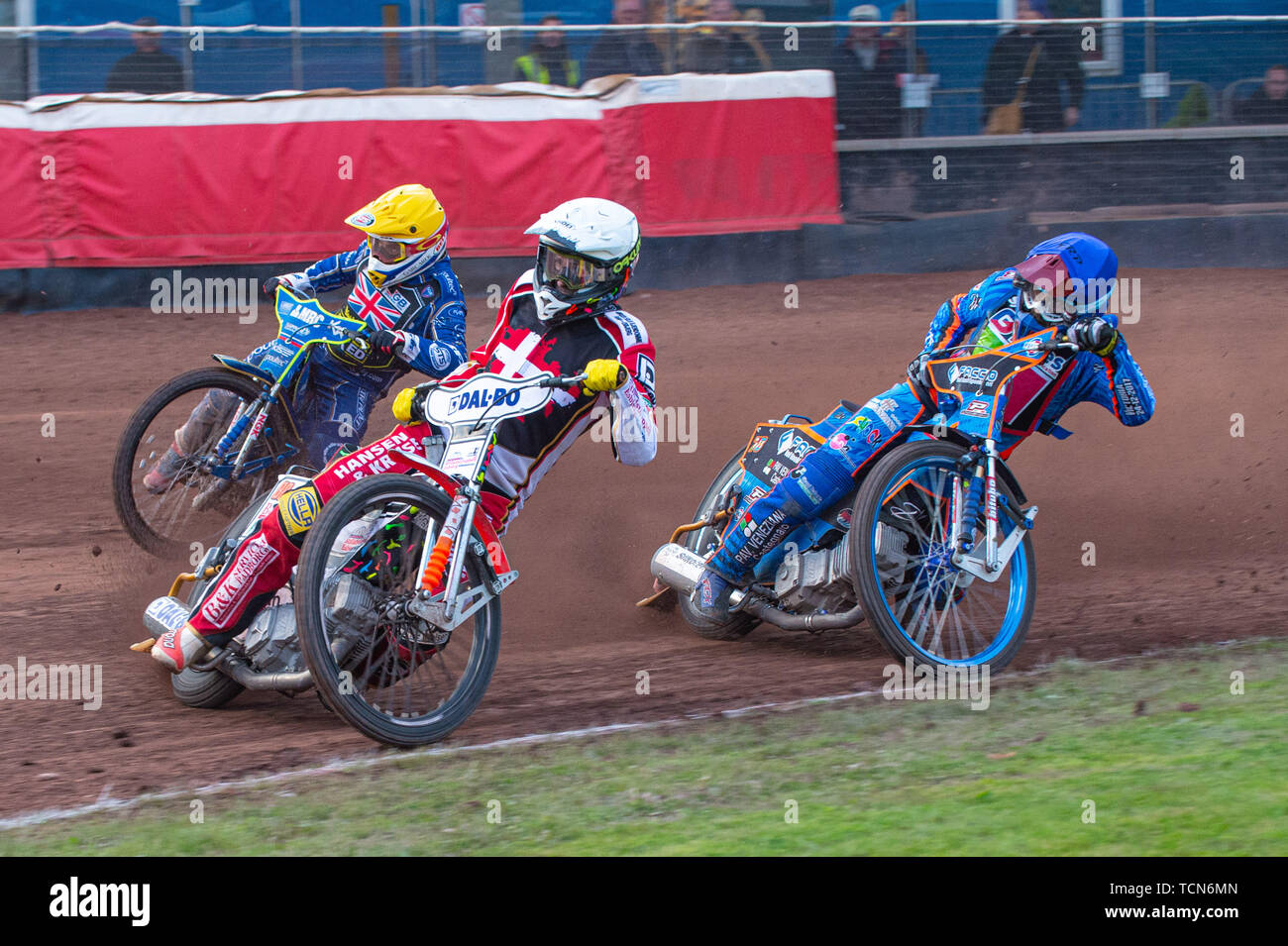 Glasgow, Scotland, UK. 08th June, 2019.  Niels-Kristian Iversen (White) inside Robert Lambert (Yellow) and Nico Covatti (Blue) during the FIM Speedway Grand Prix World Championship - Qualifying Round 1 at the Peugeot Ashfield Stadium, Glasgow on Saturday 8th June 2019. (Credit: Ian Charles | MI News) Credit: MI News & Sport /Alamy Live News Stock Photo