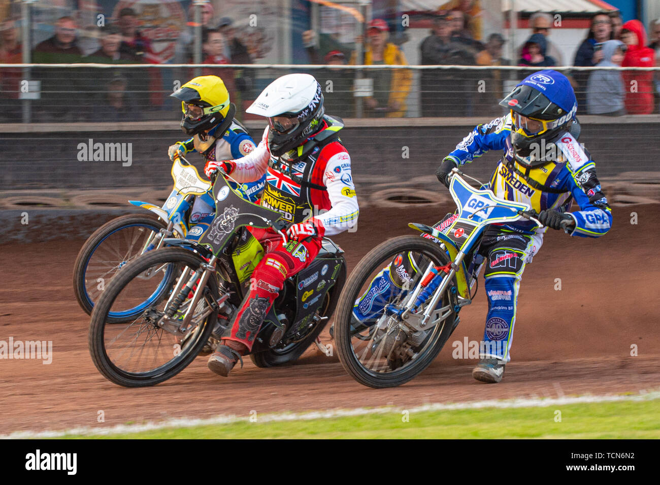 Glasgow, Scotland, UK. 08th June, 2019.  Craig Cook (White) leads Pontus Aspgren (Blue) and Ondrej Smetana (Yellow) into the first turn during the FIM Speedway Grand Prix World Championship - Qualifying Round 1 at the Peugeot Ashfield Stadium, Glasgow on Saturday 8th June 2019. (Credit: Ian Charles | MI News) Credit: MI News & Sport /Alamy Live News Stock Photo