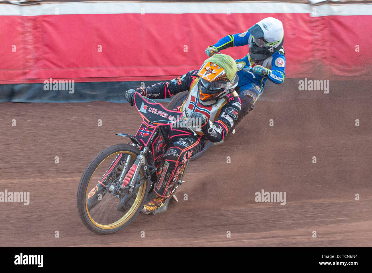 Glasgow, Scotland, UK. 08th June, 2019.  Glenn Moi (Yellow) leads Ondrej Smetana (White) during the FIM Speedway Grand Prix World Championship - Qualifying Round 1 at the Peugeot Ashfield Stadium, Glasgow on Saturday 8th June 2019. (Credit: Ian Charles | MI News) Credit: MI News & Sport /Alamy Live News Stock Photo