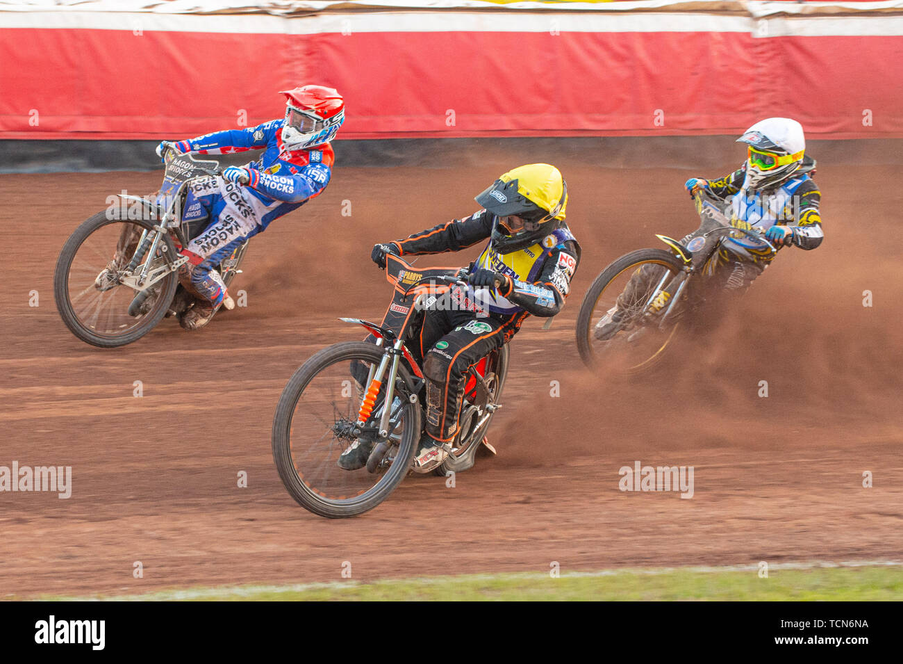 Glasgow, Scotland, UK. 08th June, 2019.  Jacob Thorssell (Yellow) inside Broc Nichol (Red) with Tero Aarnio (White) behind during the FIM Speedway Grand Prix World Championship - Qualifying Round 1 at the Peugeot Ashfield Stadium, Glasgow on Saturday 8th June 2019. (Credit: Ian Charles | MI News) Credit: MI News & Sport /Alamy Live News Stock Photo