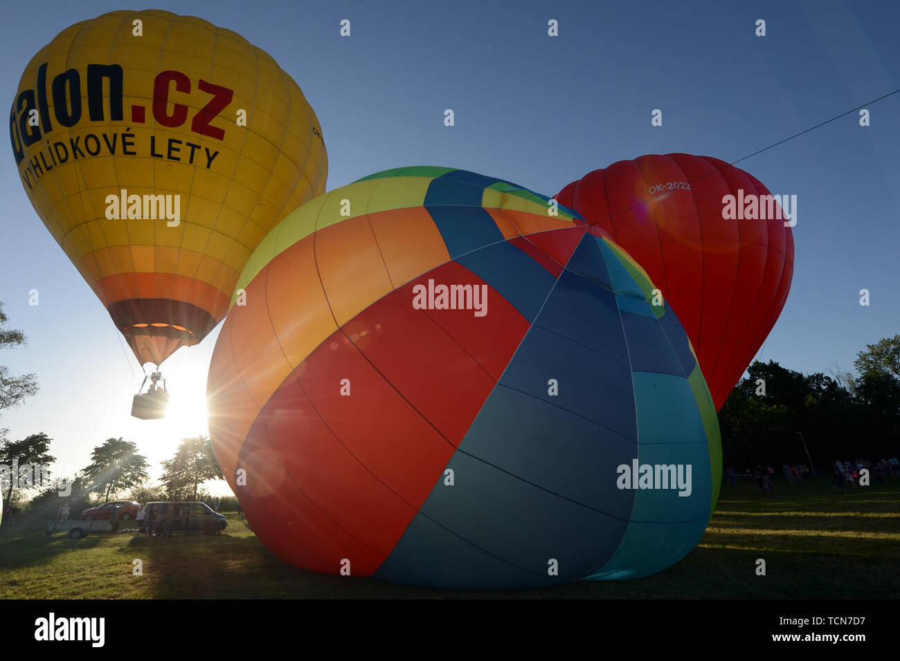 Bela Pod Bezdezem, Czech Republic. 9th June, 2019. The 17th Czech Hot-air Balloons Fiesta ''Belske hemzeni'' will take place in Bela pod Bezdezem (60 kilometers north of Prague) in the Czech Republic. The hot air balloon is the oldest successful human-carrying flight technology. On November 21, 1783, in Paris, France, the first manned flight was made by Jean-François Pilatre de Rozier and Francois Laurent d'Arlandes in a hot air balloon created by the Montgolfier brothers. Recently, balloon envelopes have been made in all kinds of shapes, such as hot dogs, rocket ships, and the shapes of c Stock Photo