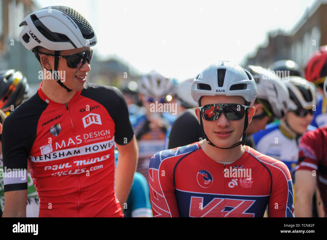 Melton Mowbray, Leicestershire, UK,  9th June 2019. Samuel Watson, Fensham Howes - MAS Design and Leo Hayter, VC Londres on the start line of the 2019 6th Junior CiCLE Classic Cycle Race in Melton Mowbray part of the British Cycling National Junior Road Race Series. @ Credit: David Partridge/Alamy Live News Stock Photo